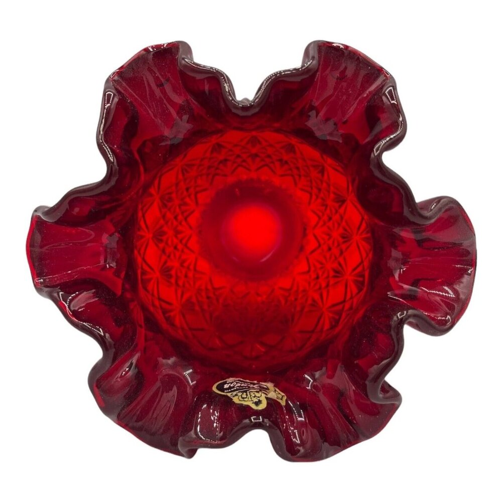 Fenton Art Glass Diamond Star Pattern Ruby Red Amberina Bowl Vase Ruffled Edge - Picture 6 of 12